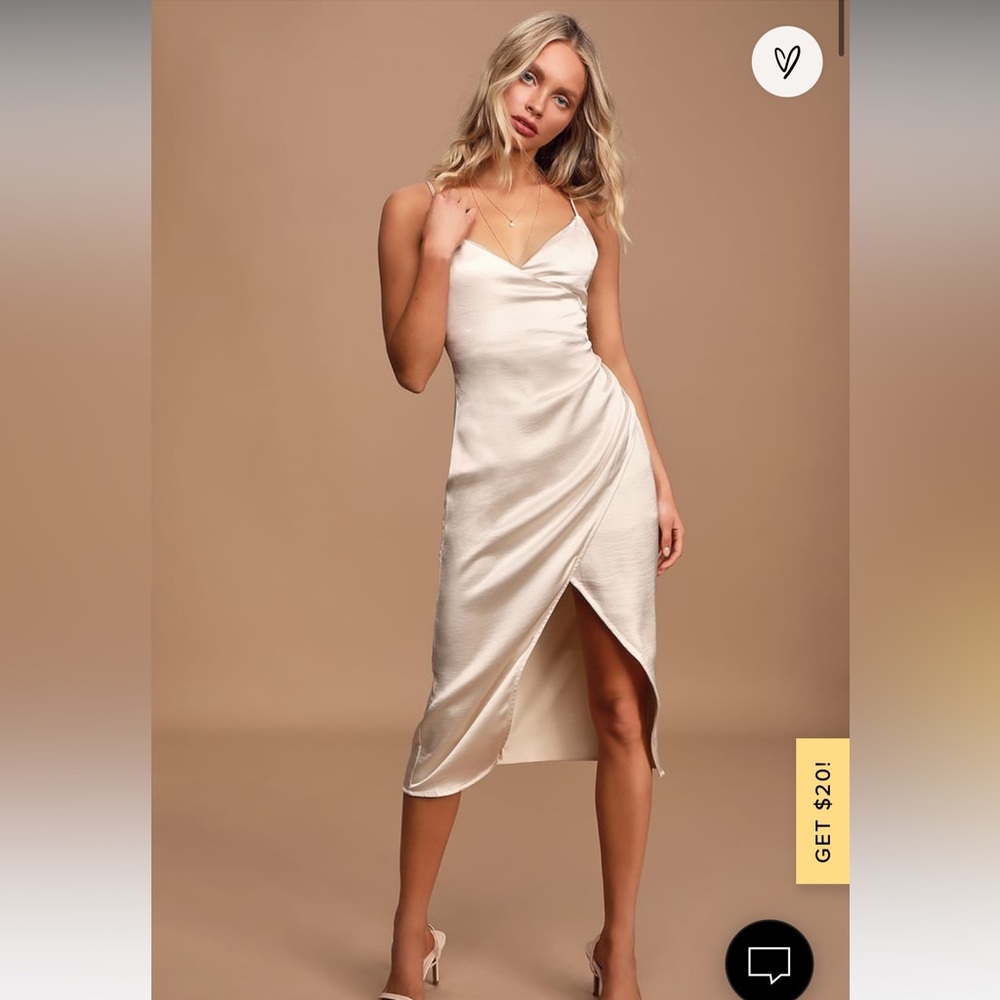 Time to Celebrate Champagne Satin Ruched Faux-Wrap Midi Dress